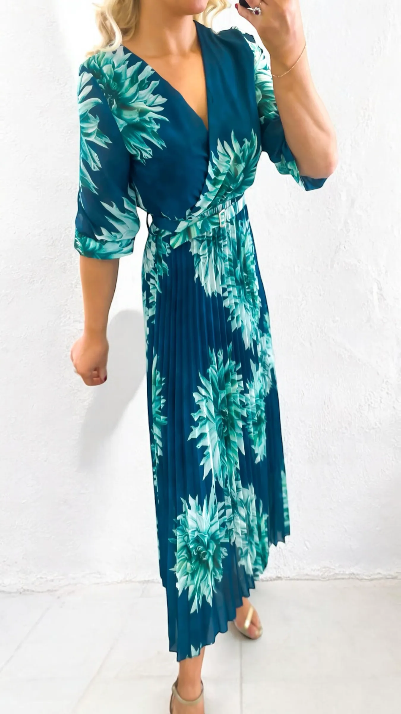 1-A2125 Teal Print Inia Pleat Dress