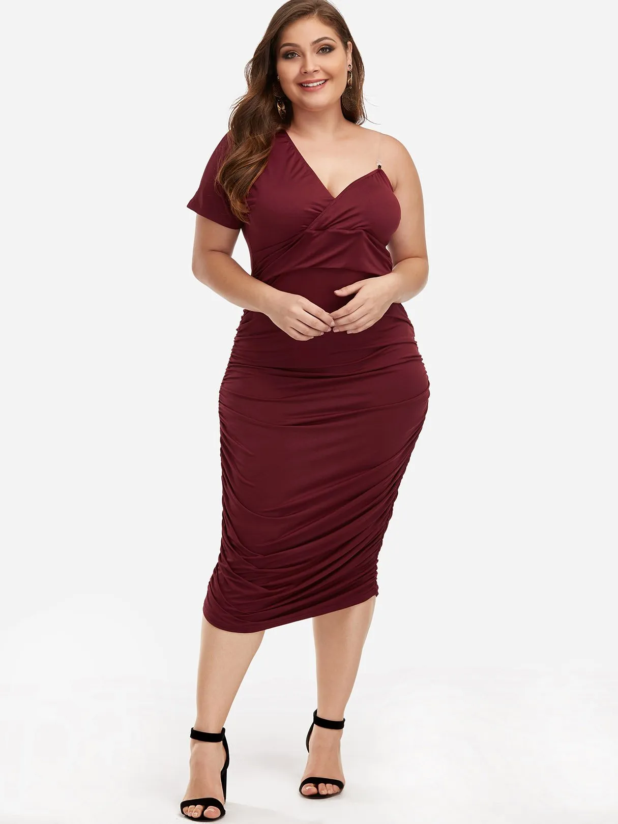 Asymmetrical One Shoulder Plain Pleated Wrap Short Sleeve Burgundy Plus Size Dress