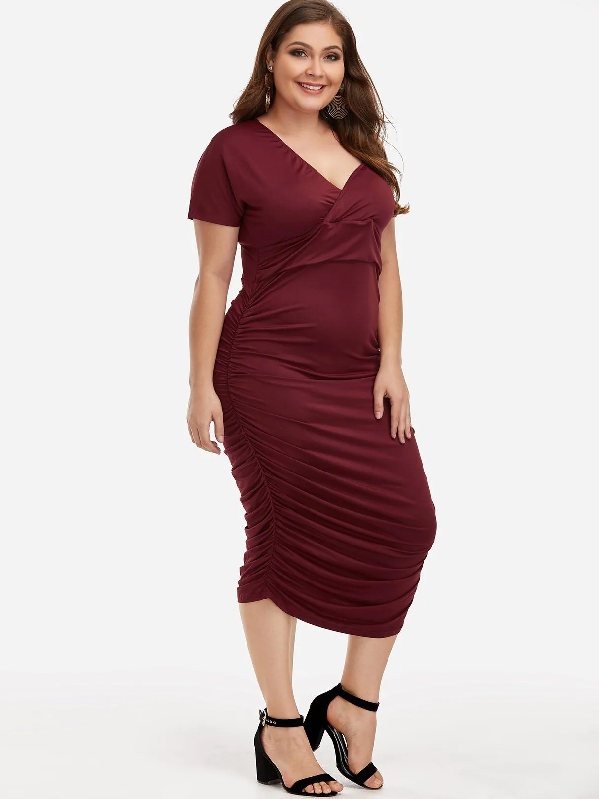Asymmetrical One Shoulder Plain Pleated Wrap Short Sleeve Burgundy Plus Size Dress