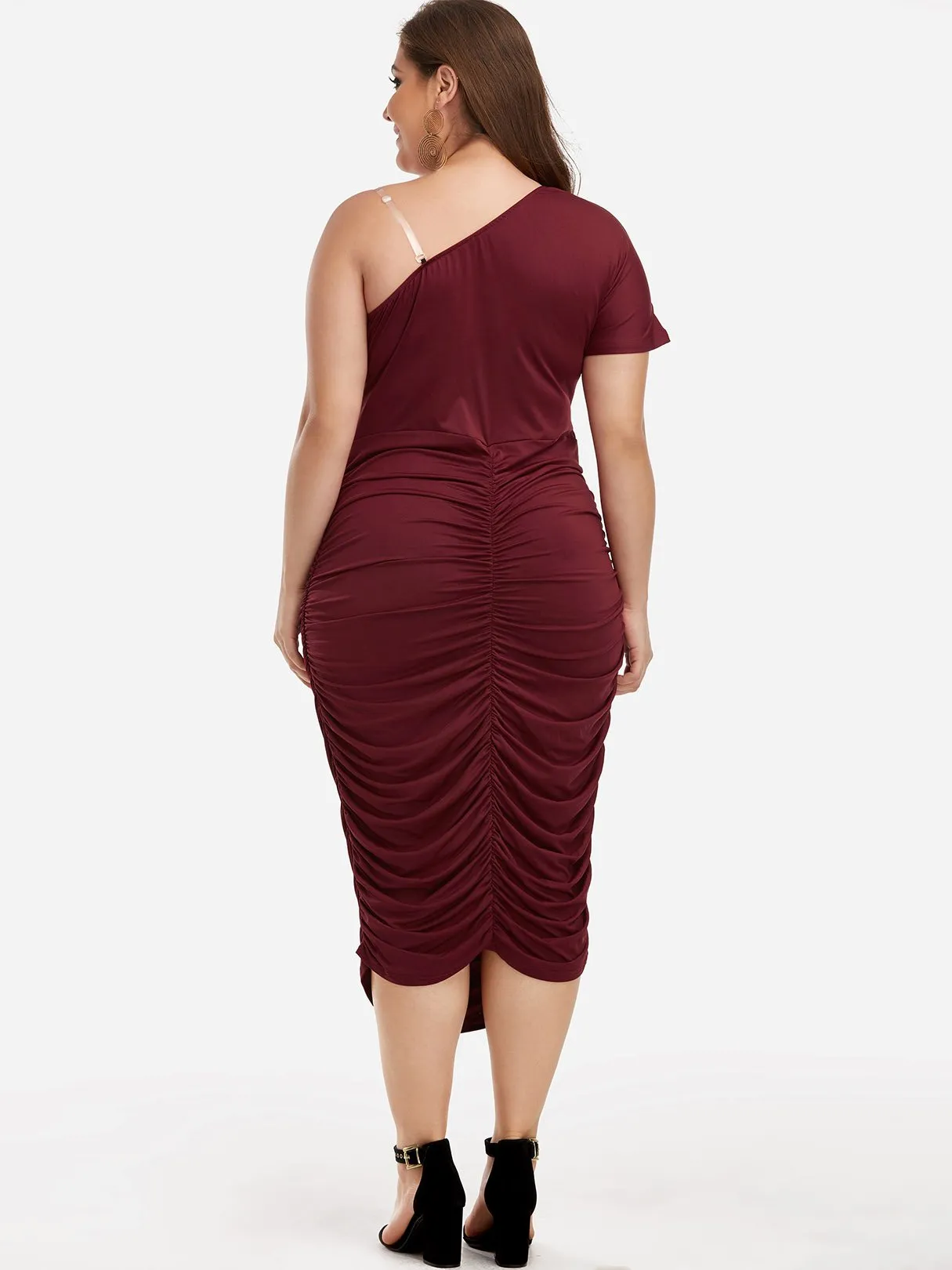 Asymmetrical One Shoulder Plain Pleated Wrap Short Sleeve Burgundy Plus Size Dress