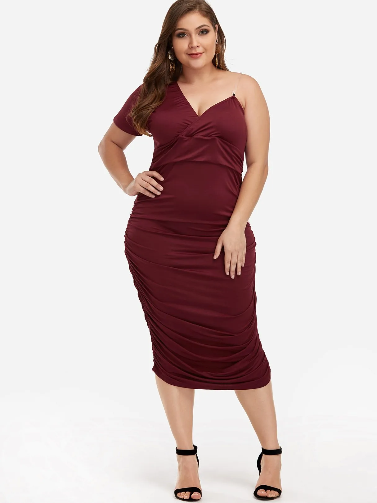 Asymmetrical One Shoulder Plain Pleated Wrap Short Sleeve Burgundy Plus Size Dress
