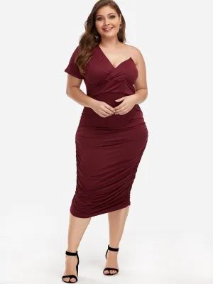 Asymmetrical One Shoulder Plain Pleated Wrap Short Sleeve Burgundy Plus Size Dress