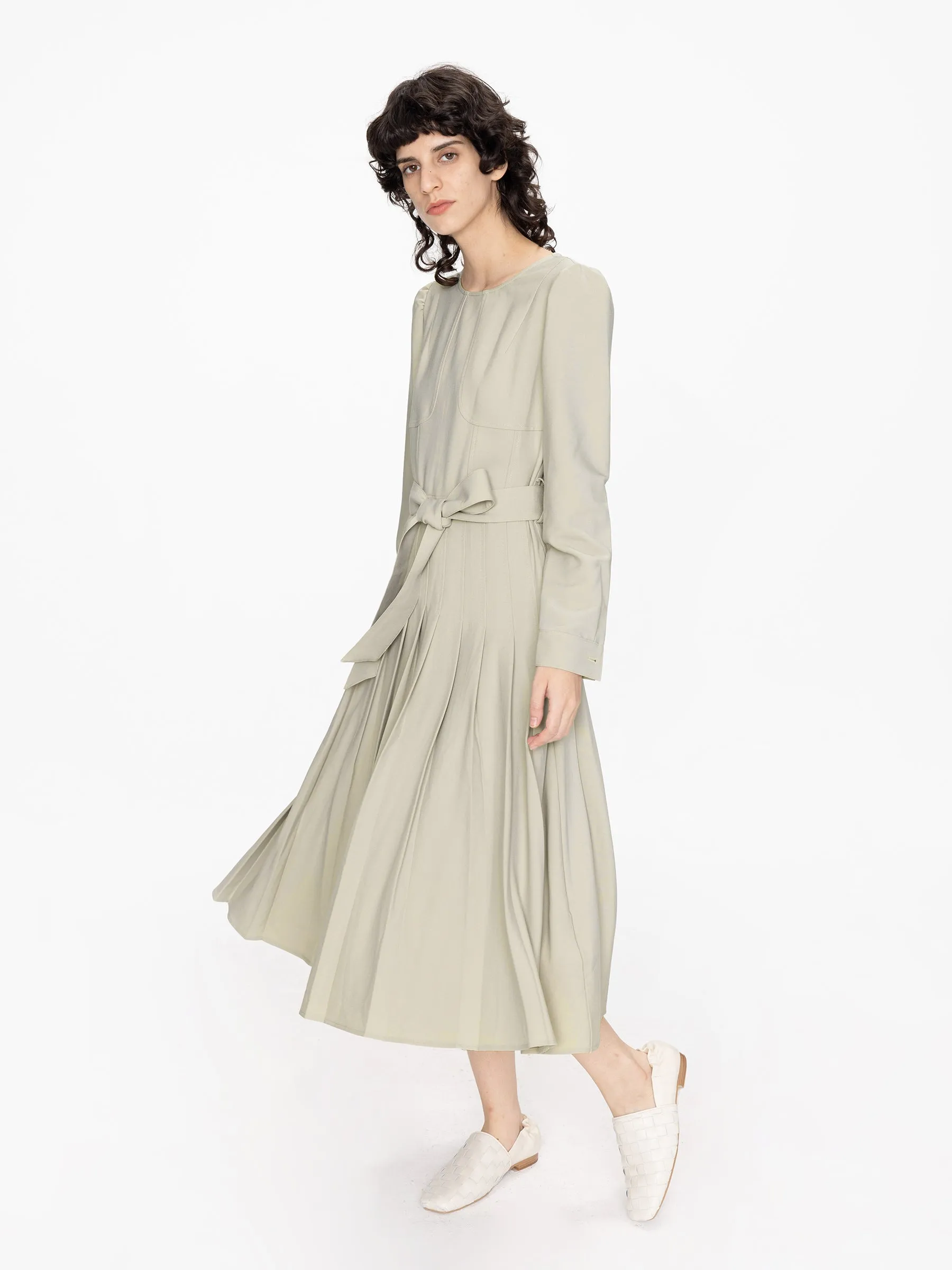 Belted Pleated Midi Dress