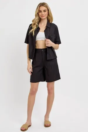Black High Rise Pleated Front Shorts