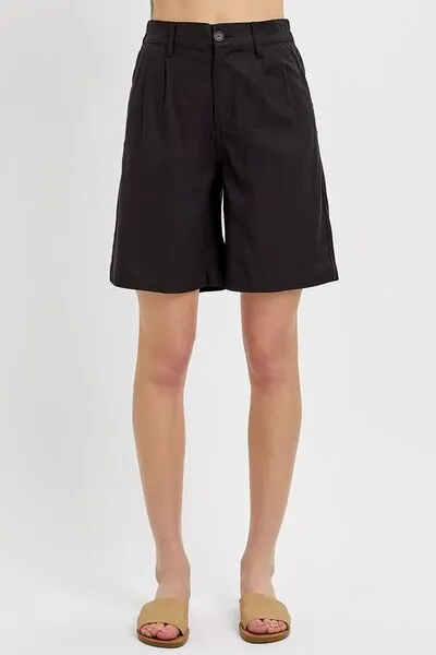 Black High Rise Pleated Front Shorts