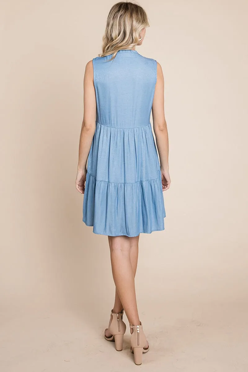 Chambray Tiered Sleeveless Ruffled Babydoll Dress