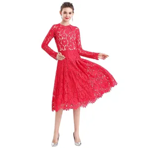 D080-2 Women floral scallop lace long sleeves flared pleated party midi dress