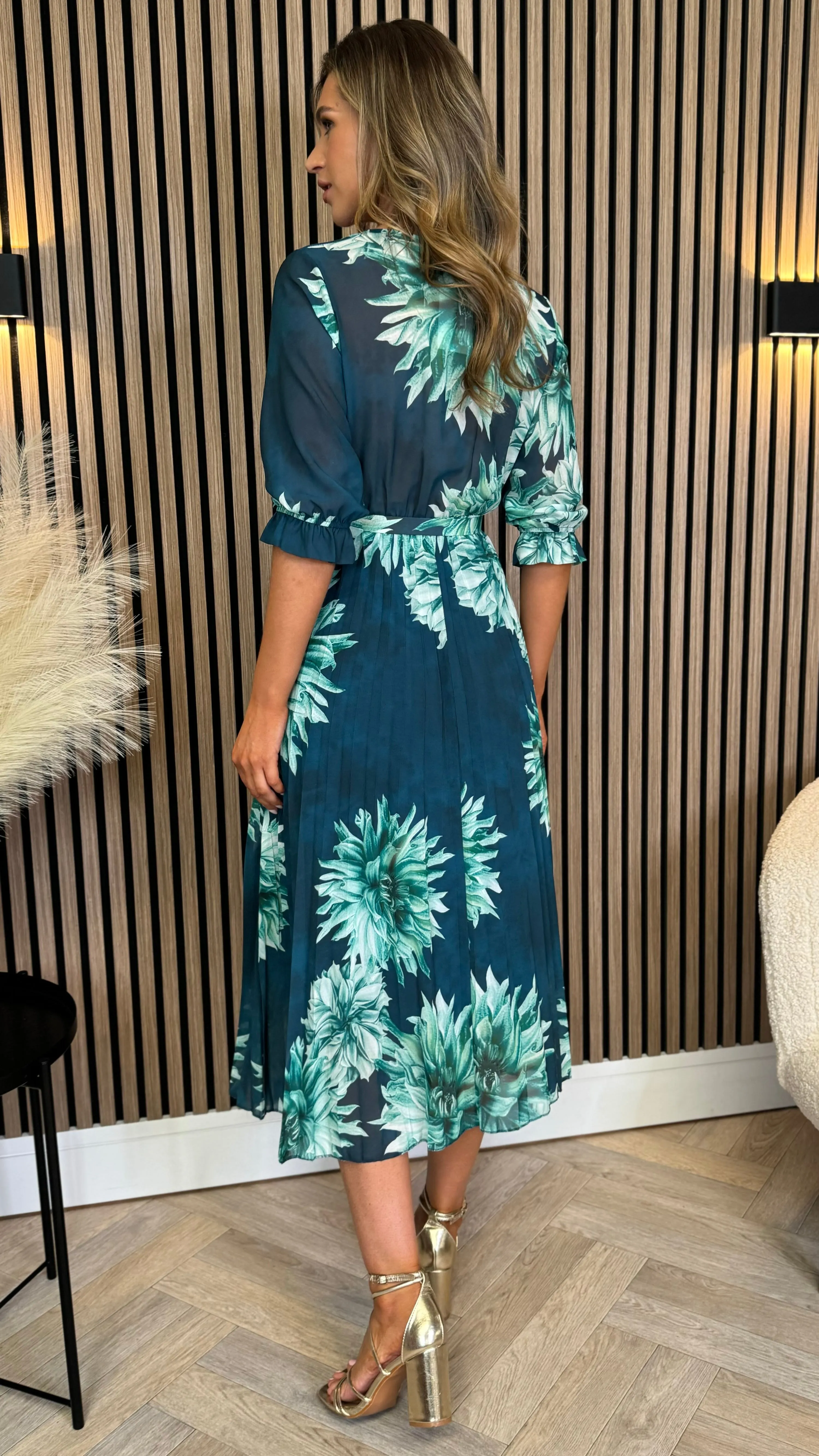 Daniela Navy & Green Multi Floral Printed Belted Midi Dress