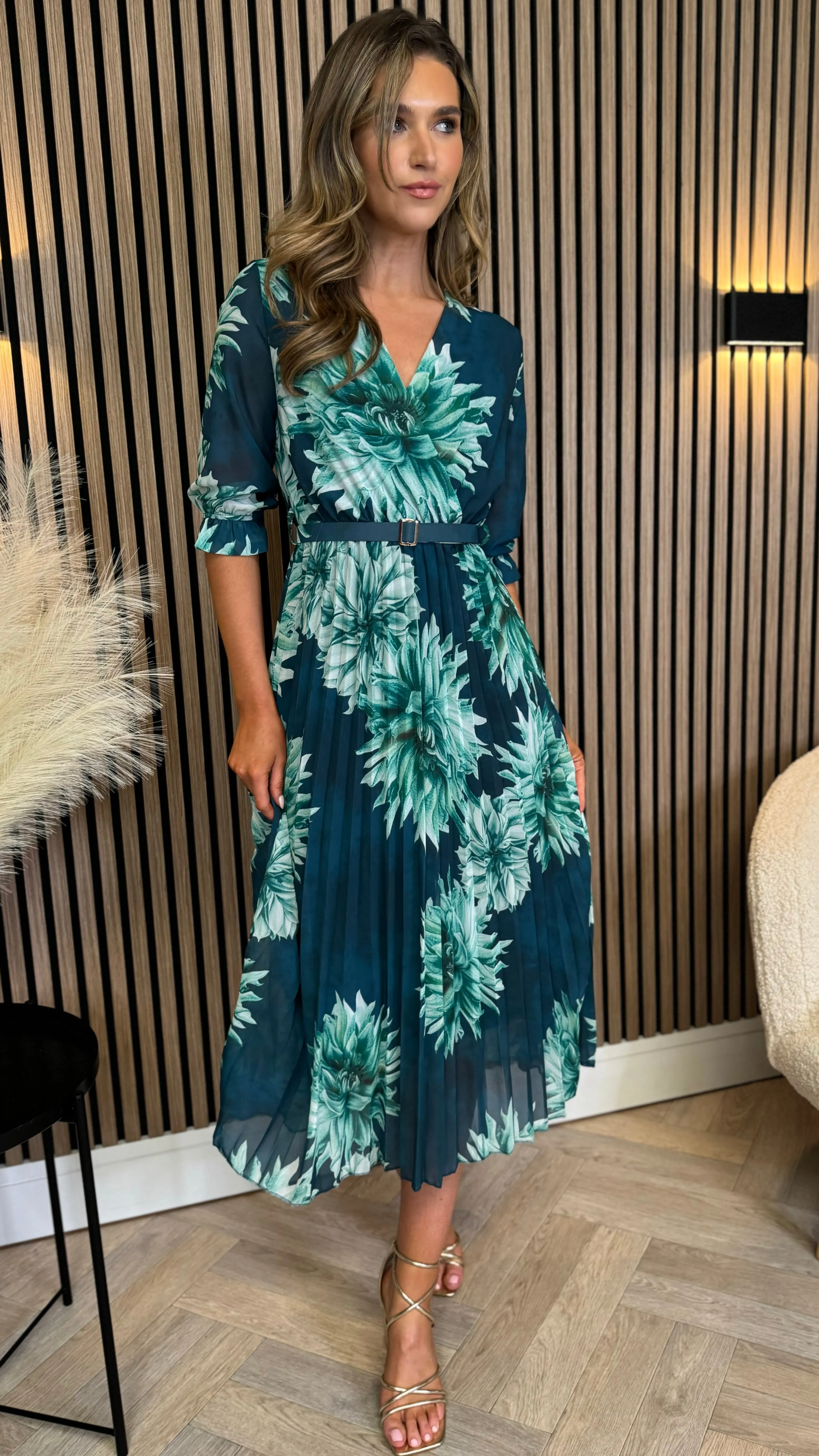 Daniela Navy & Green Multi Floral Printed Belted Midi Dress