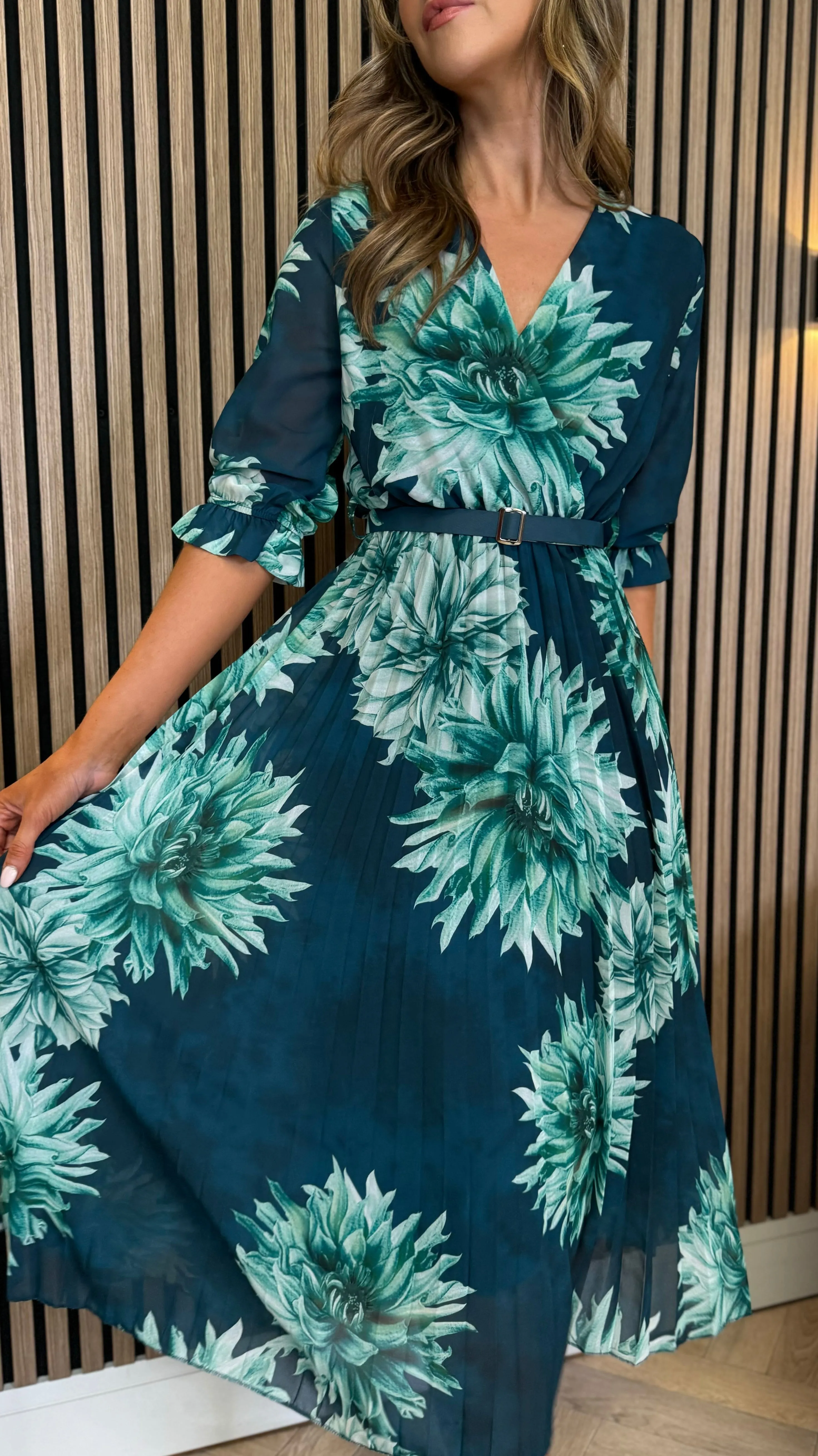 Daniela Navy & Green Multi Floral Printed Belted Midi Dress