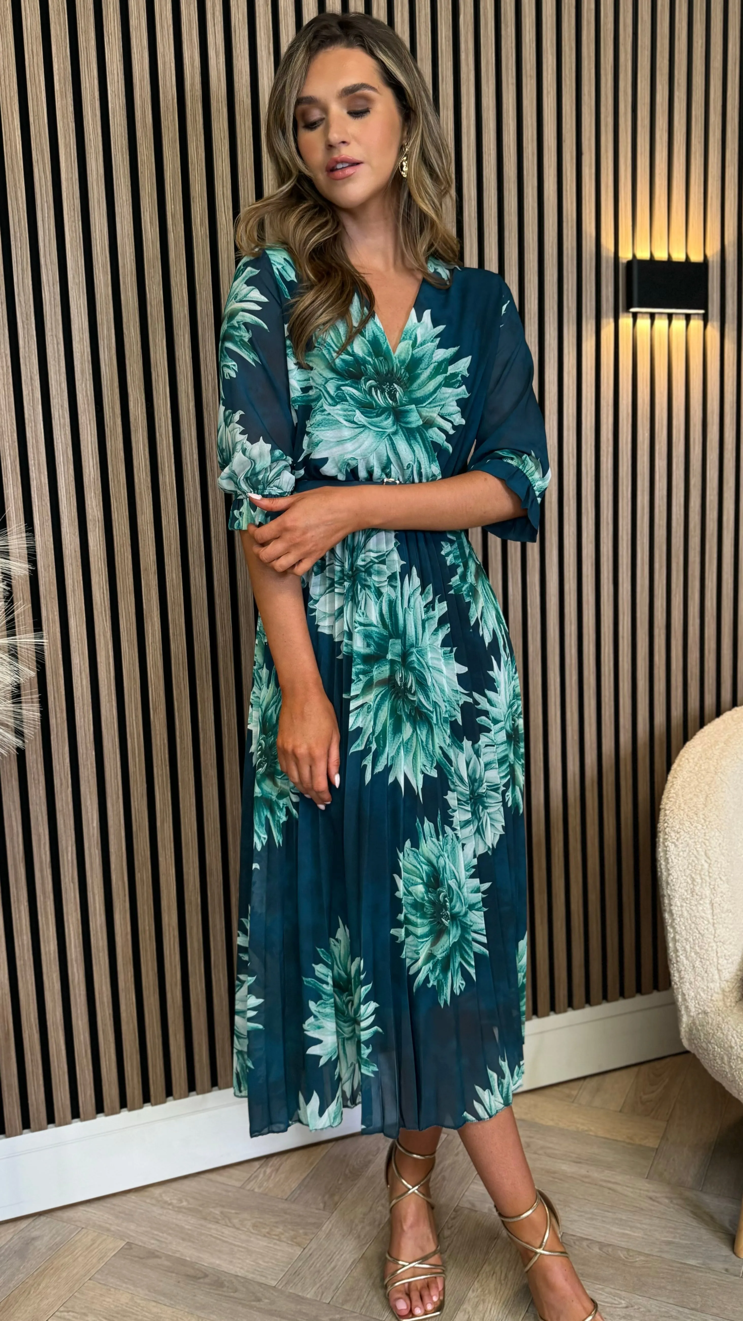 Daniela Navy & Green Multi Floral Printed Belted Midi Dress