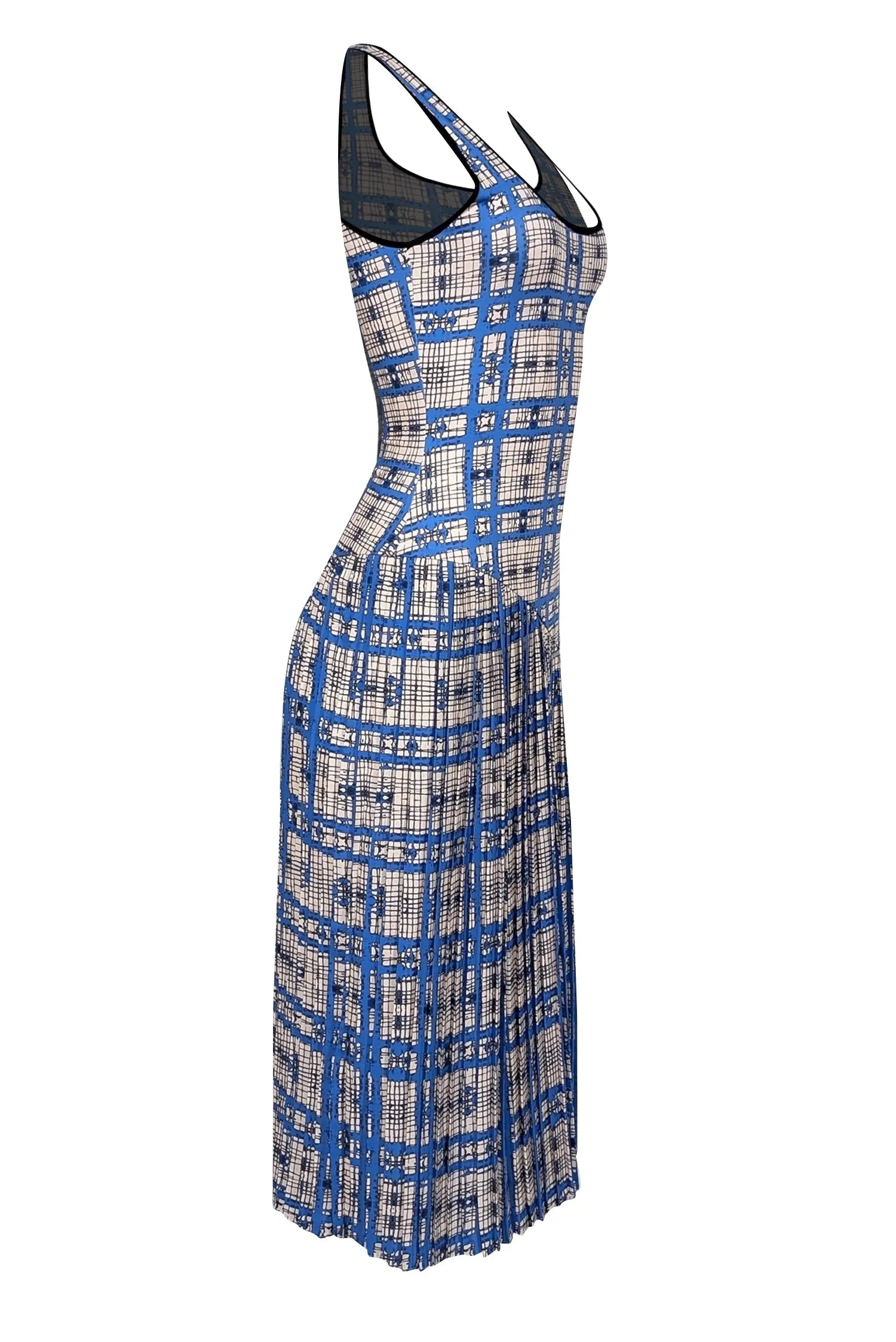 Dhruv Kapoor - Blue, Cream, & Black Geometric Print Sleeveless Maxi Dress Sz XXSP