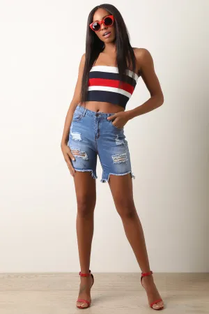 Distressed Denim Raw Cut Bermuda Shorts