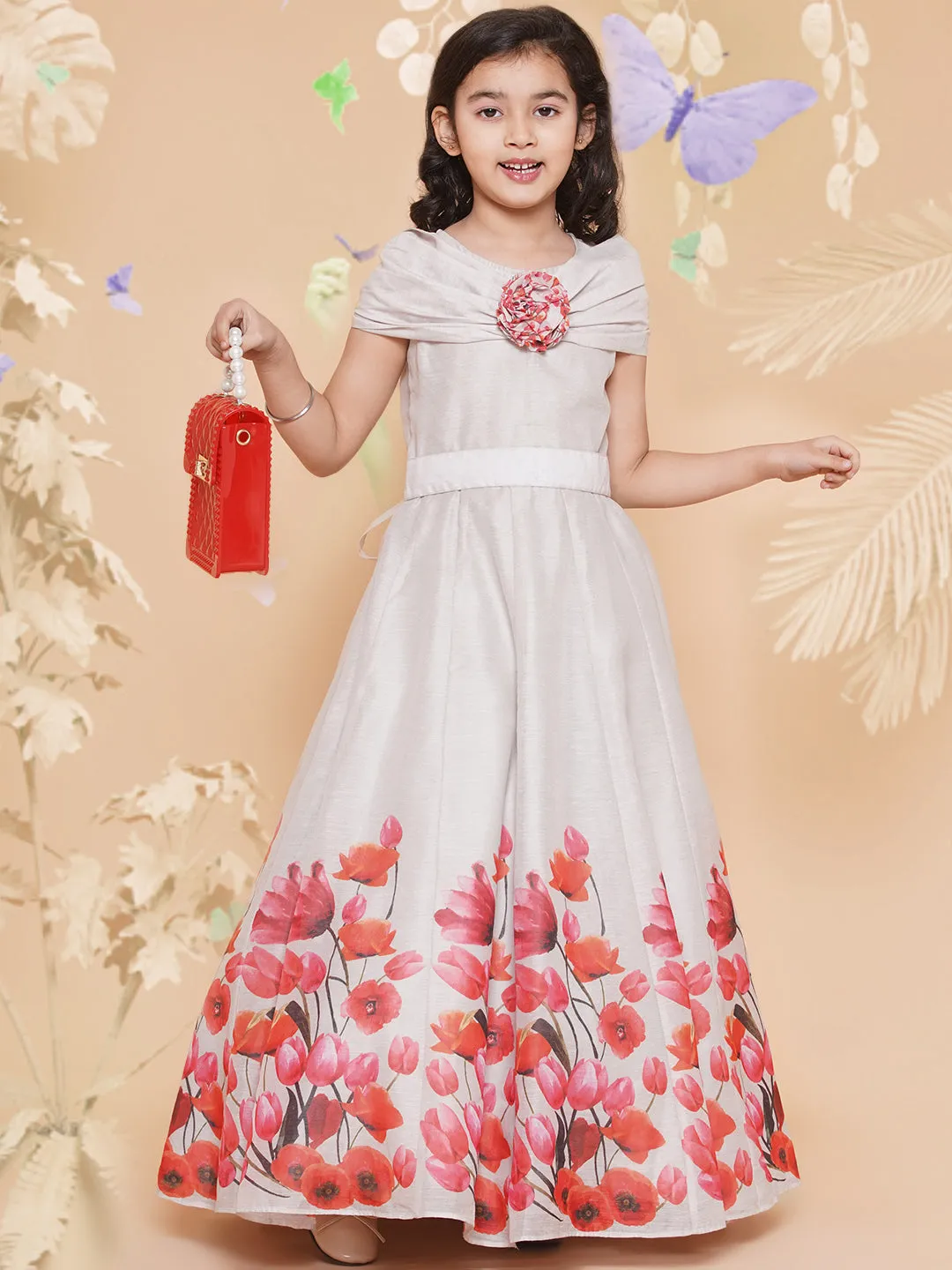 Girls Off White Flower Digital Printed Fit & Flared Maxi Dress.