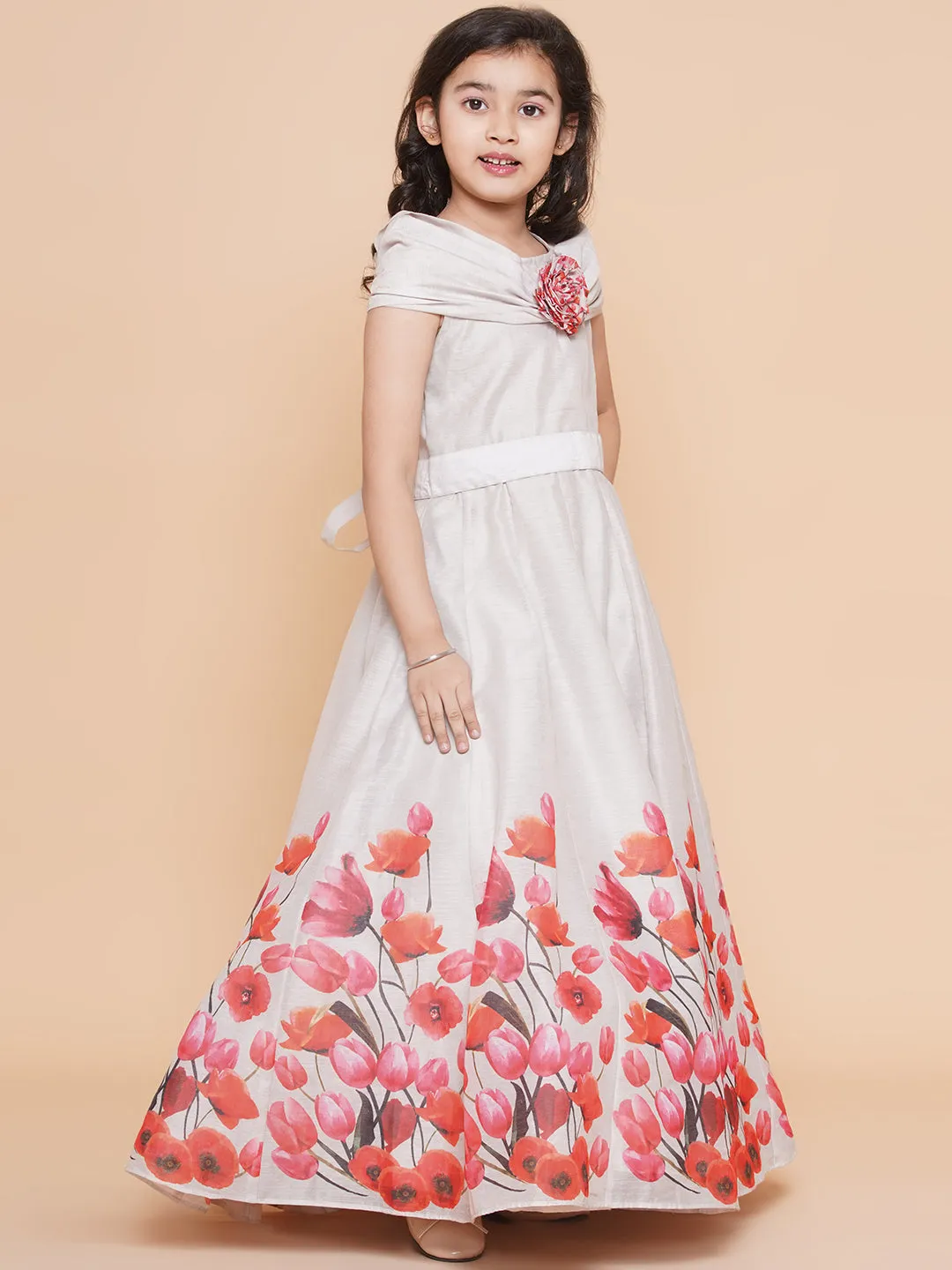 Girls Off White Flower Digital Printed Fit & Flared Maxi Dress.