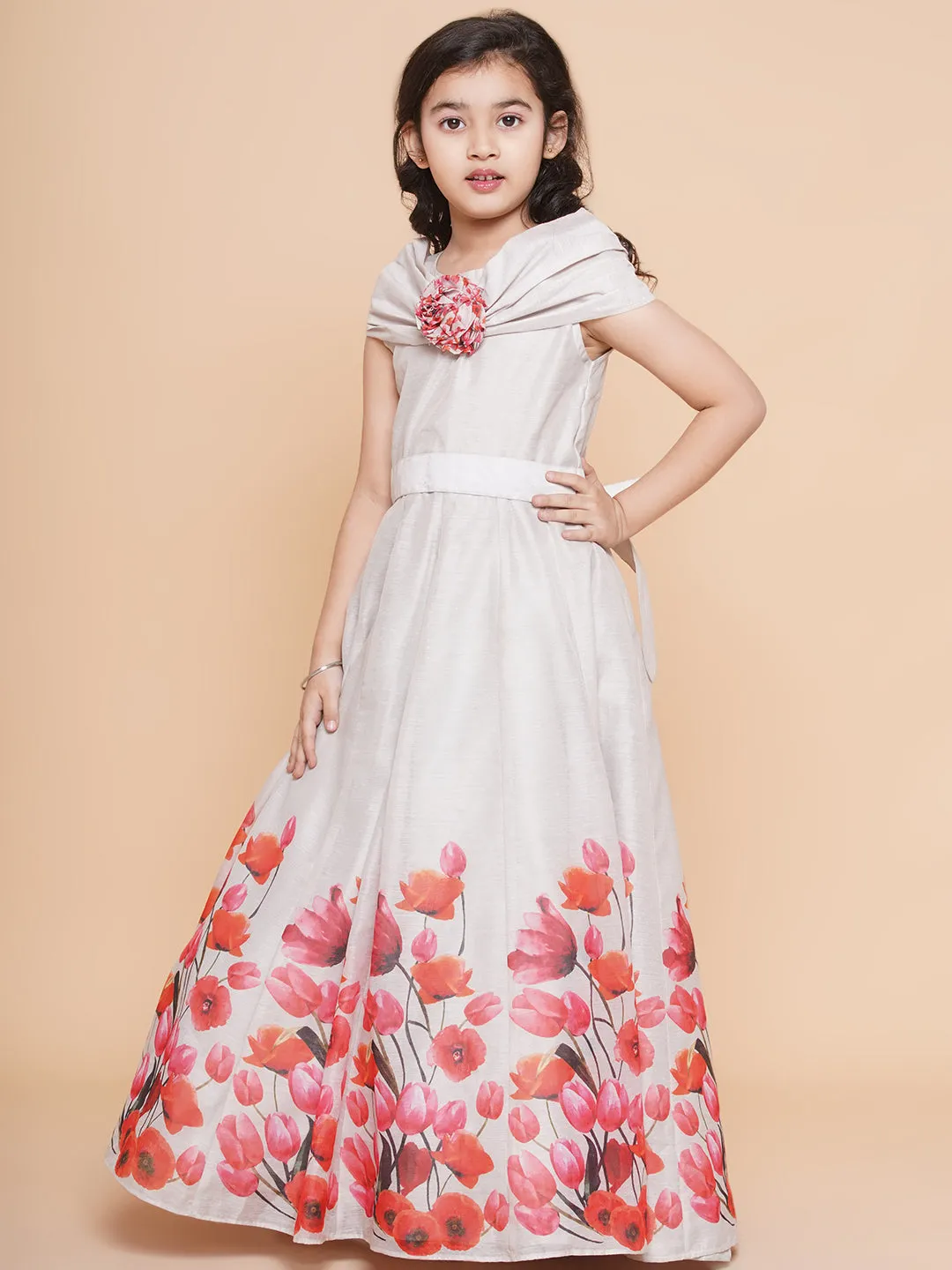 Girls Off White Flower Digital Printed Fit & Flared Maxi Dress.
