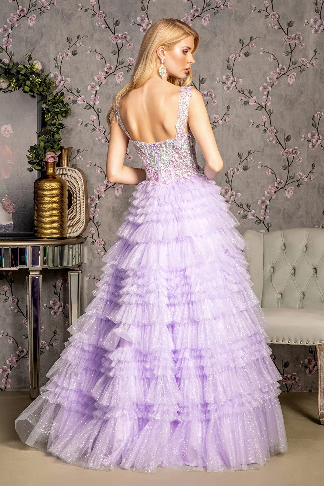 Glitter Bead Sheer Bodice Ruffled Skirt Mesh A-line Long Prom Dress GLGL3460