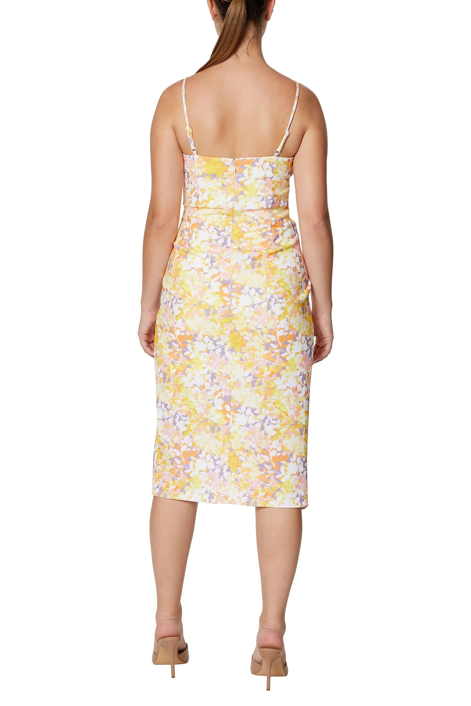 Laundry Spaghetti Strap Zipper Back Asymmetrical Hem Pleated Side Multi Print Scuba Crepe Dress
