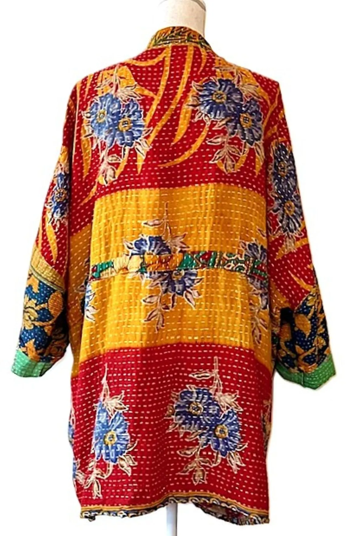 Luxury Silk Kimono Duster Dress:  Dramatic Mixed Print (Gold and Pink)