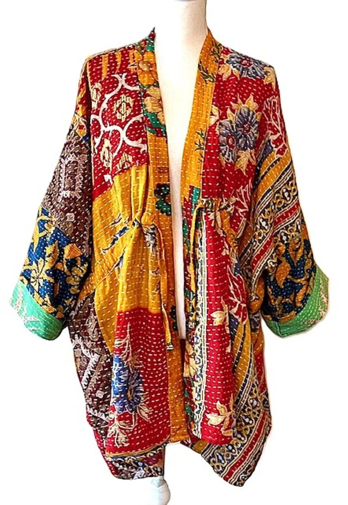 Luxury Silk Kimono Duster Dress:  Dramatic Mixed Print (Gold and Pink)