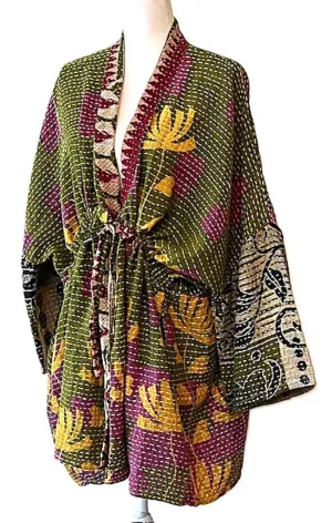 Luxury Silk Kimono Duster Dress:  Dramatic Mixed Print (Gold and Pink)