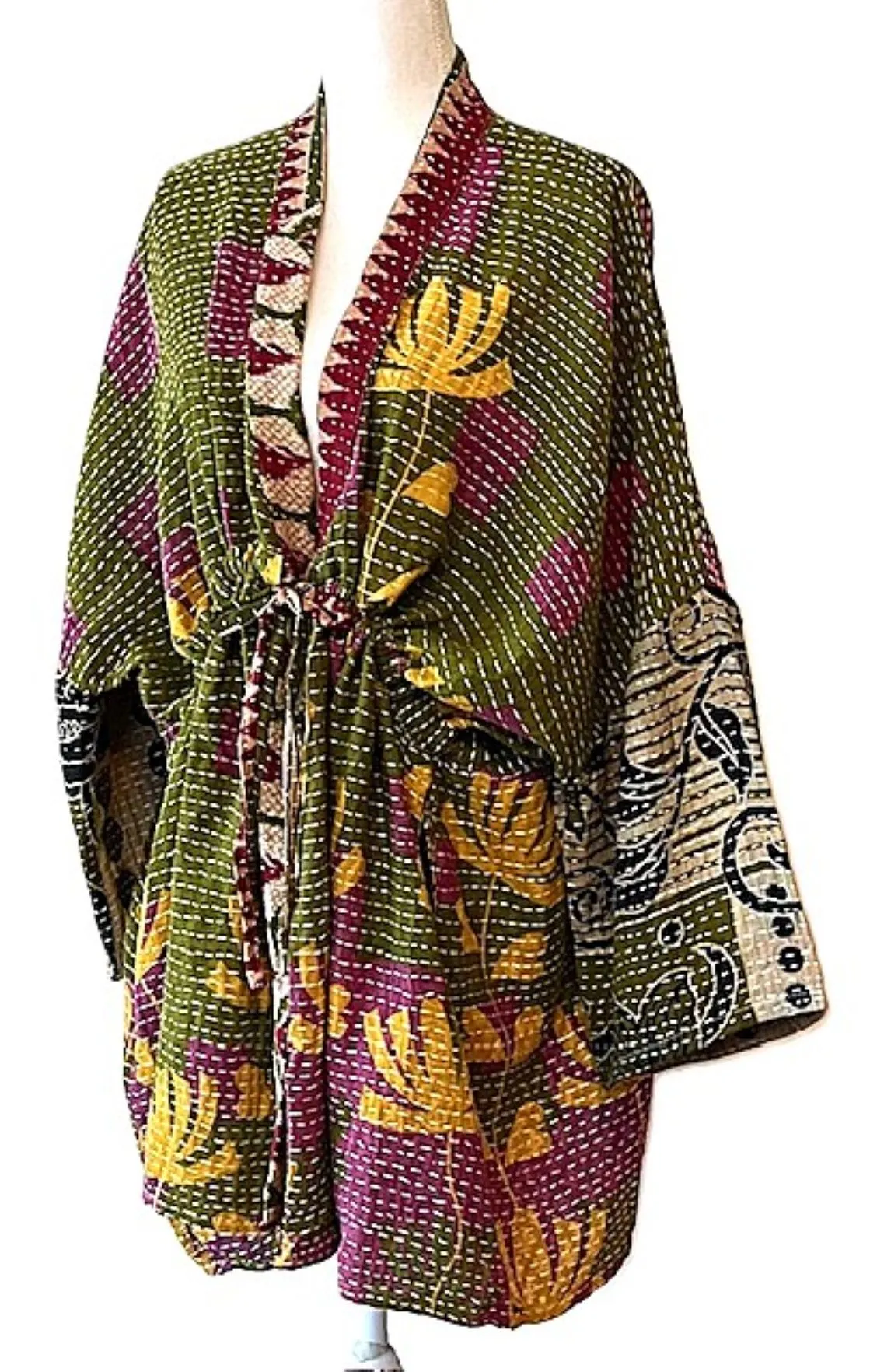 Luxury Silk Kimono Duster Dress:  Dramatic Mixed Print (Gold and Pink)