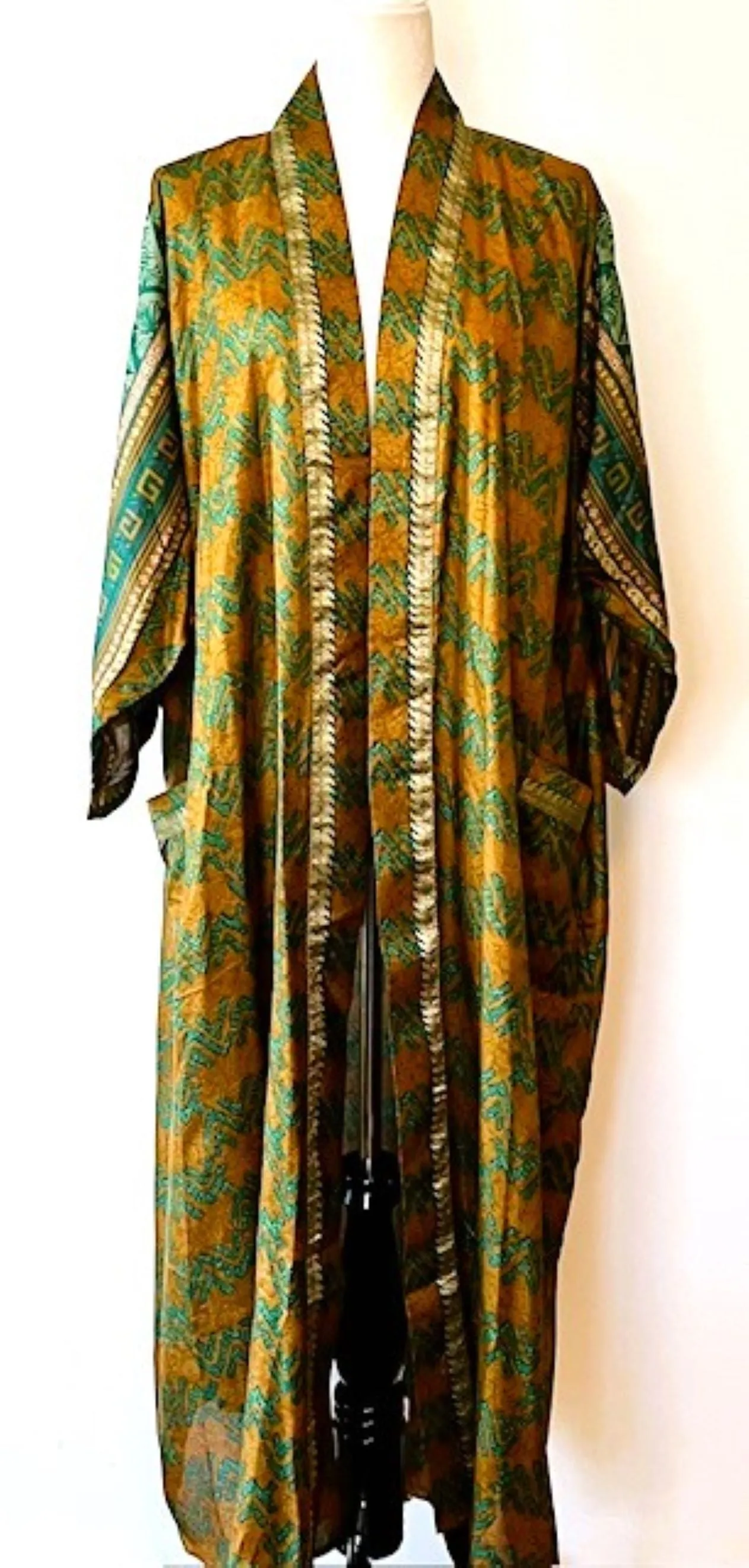 Luxury Silk Mixed Print Kimono Duster Is Seductive (Olive)