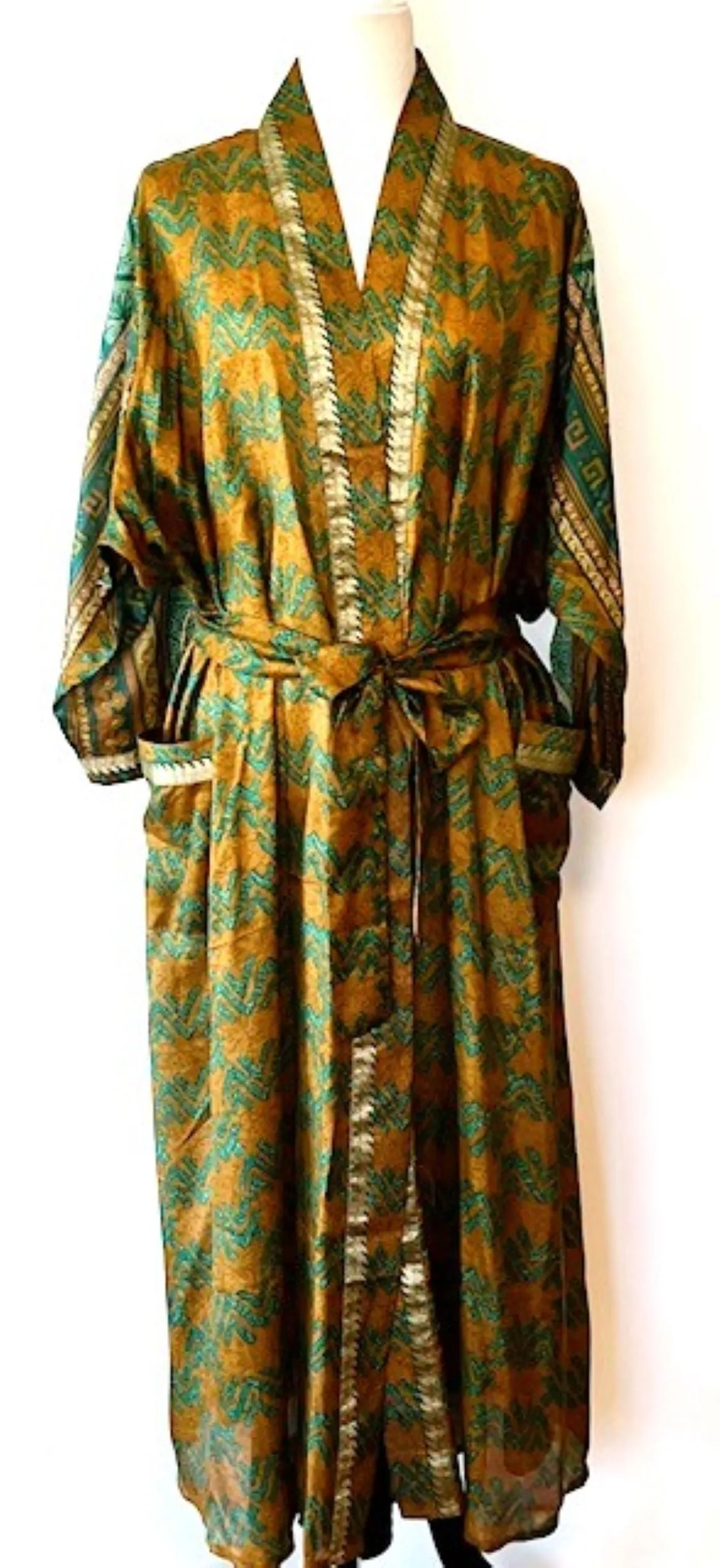 Luxury Silk Mixed Print Kimono Duster Is Seductive (Olive)