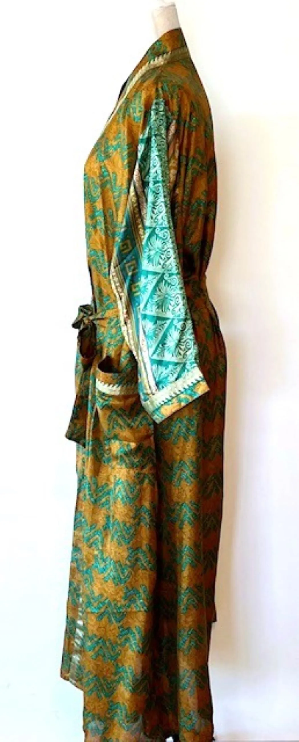 Luxury Silk Mixed Print Kimono Duster Is Seductive (Olive)