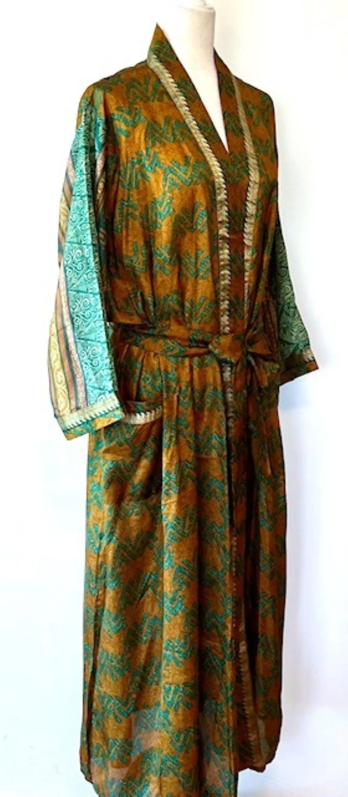 Luxury Silk Mixed Print Kimono Duster Is Seductive (Olive)