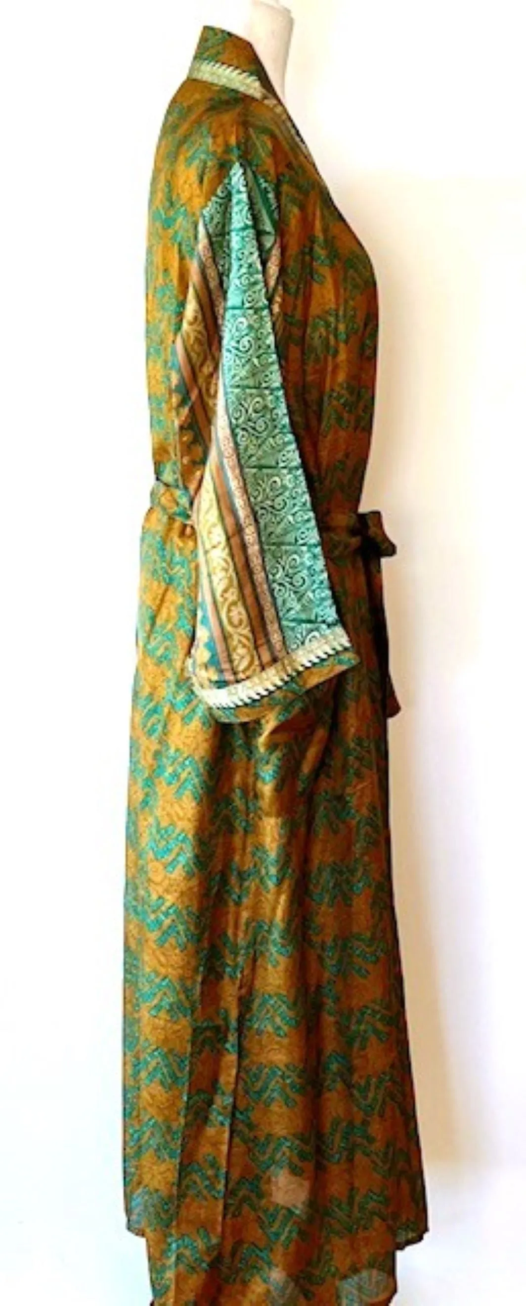 Luxury Silk Mixed Print Kimono Duster Is Seductive (Olive)
