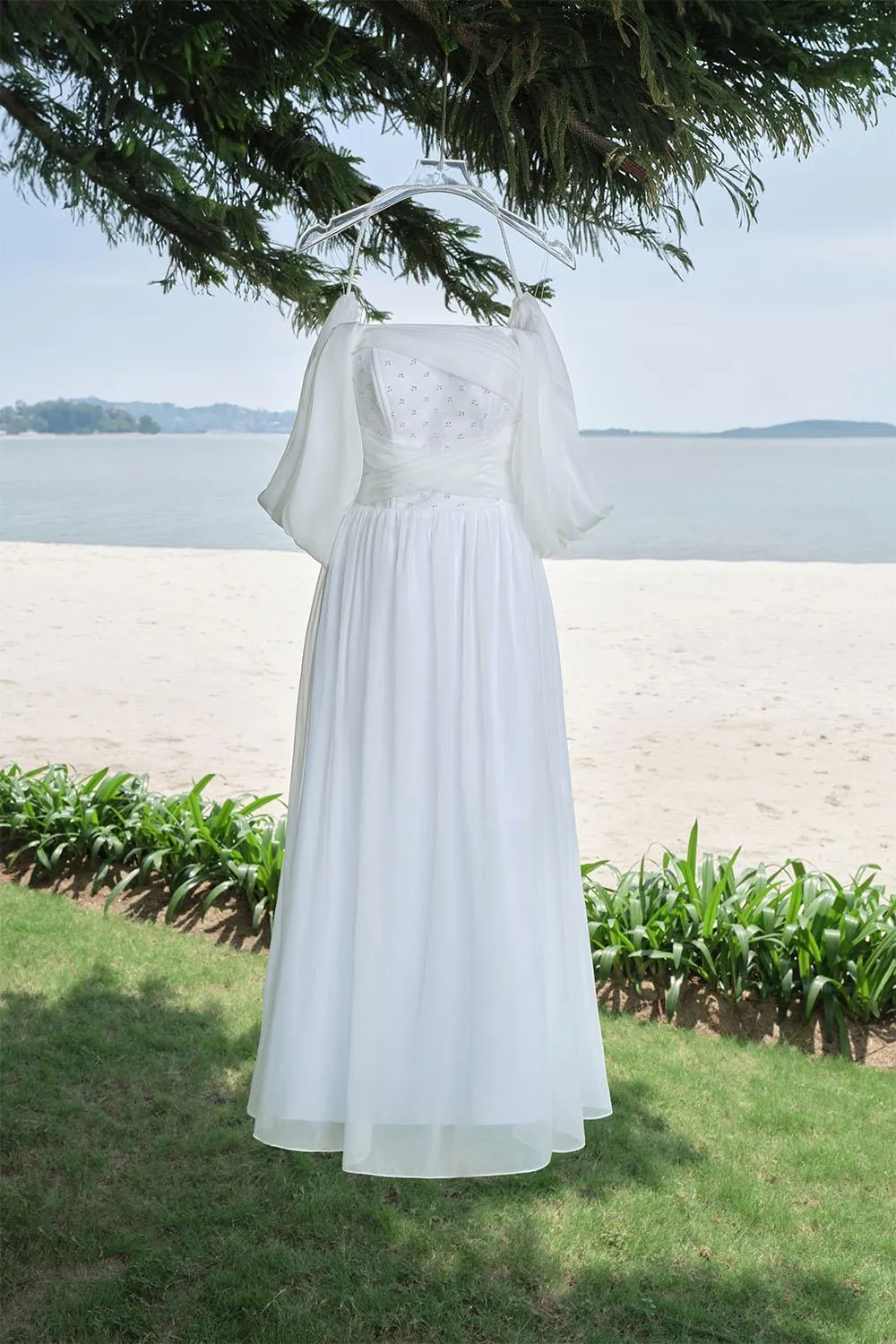 Maya A-line Off-Shoulder Mesh Taffeta Ankle Length Dress