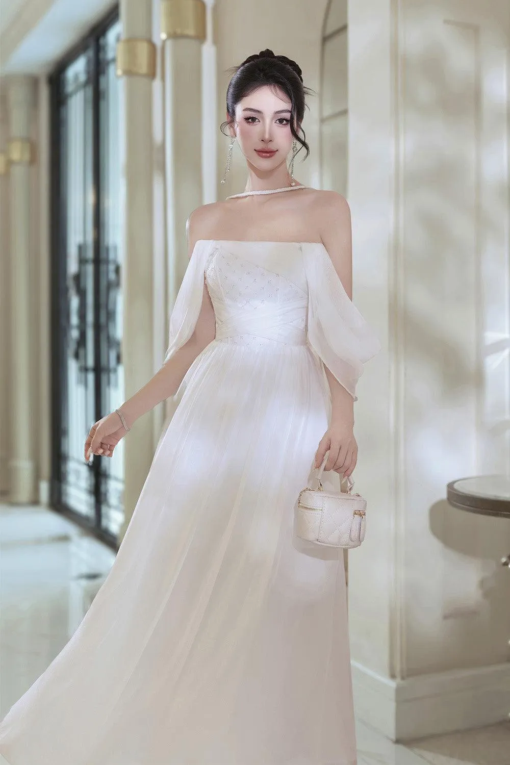 Maya A-line Off-Shoulder Mesh Taffeta Ankle Length Dress