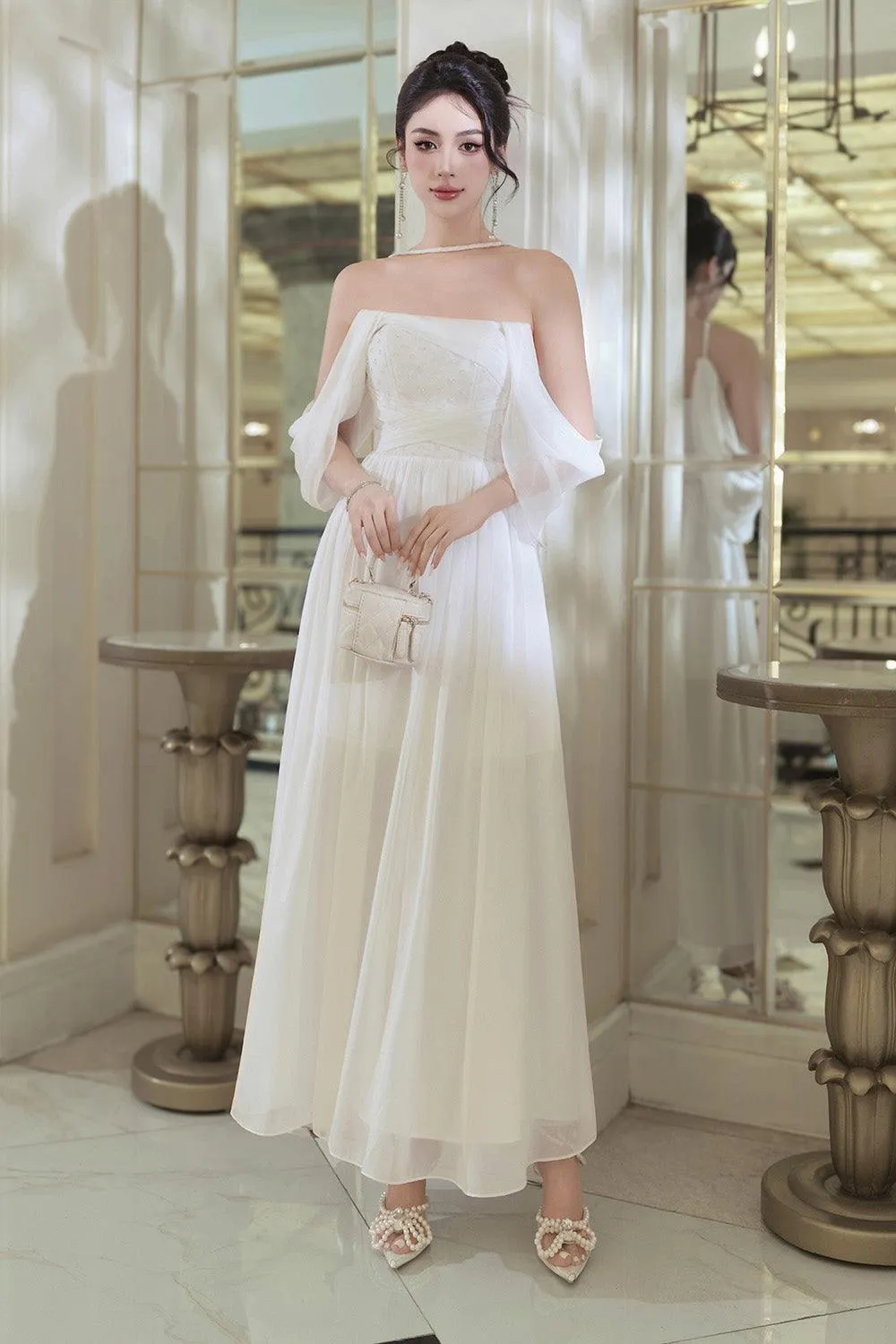 Maya A-line Off-Shoulder Mesh Taffeta Ankle Length Dress