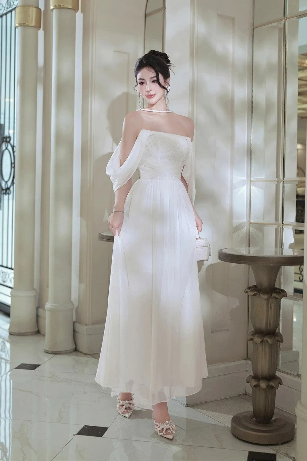 Maya A-line Off-Shoulder Mesh Taffeta Ankle Length Dress