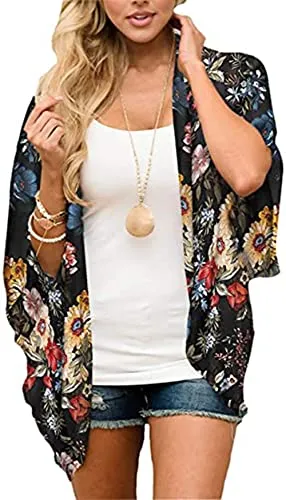 Naivikid Womens Floral Print Loose Puff Sleeve Kimono Cardigan Lace Patchwork Cover Up Blouse Lotus Root Gray 01 L