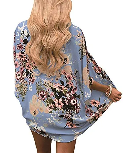 Naivikid Womens Floral Print Loose Puff Sleeve Kimono Cardigan Lace Patchwork Cover Up Blouse Lotus Root Gray 01 L