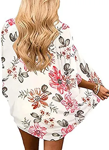 Naivikid Womens Floral Print Loose Puff Sleeve Kimono Cardigan Lace Patchwork Cover Up Blouse Lotus Root Gray 01 L