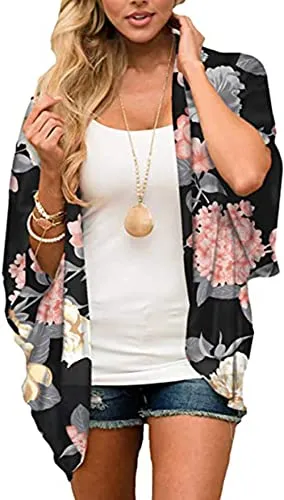 Naivikid Womens Floral Print Loose Puff Sleeve Kimono Cardigan Lace Patchwork Cover Up Blouse Lotus Root Gray 01 L