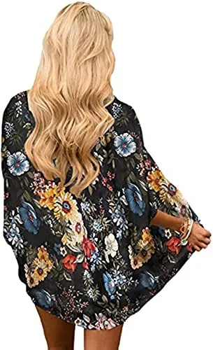 Naivikid Womens Floral Print Loose Puff Sleeve Kimono Cardigan Lace Patchwork Cover Up Blouse Lotus Root Gray 01 L