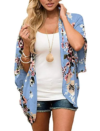 Naivikid Womens Floral Print Loose Puff Sleeve Kimono Cardigan Lace Patchwork Cover Up Blouse Lotus Root Gray 01 L