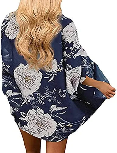 Naivikid Womens Floral Print Loose Puff Sleeve Kimono Cardigan Lace Patchwork Cover Up Blouse Lotus Root Gray 01 L