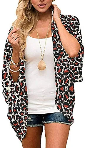Naivikid Womens Floral Print Loose Puff Sleeve Kimono Cardigan Lace Patchwork Cover Up Blouse Lotus Root Gray 01 L