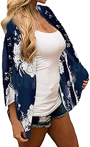 Naivikid Womens Floral Print Loose Puff Sleeve Kimono Cardigan Lace Patchwork Cover Up Blouse Lotus Root Gray 01 L