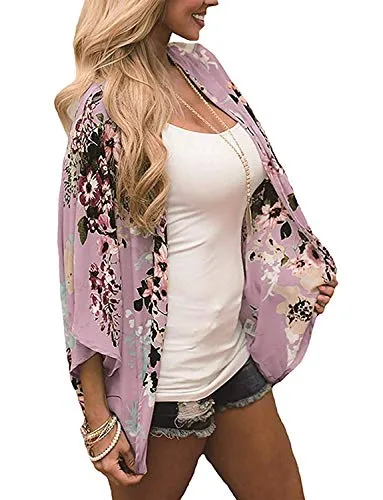 Naivikid Womens Floral Print Loose Puff Sleeve Kimono Cardigan Lace Patchwork Cover Up Blouse Lotus Root Gray 01 L