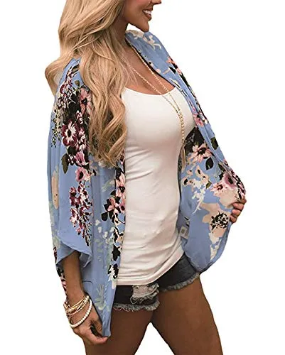 Naivikid Womens Floral Print Loose Puff Sleeve Kimono Cardigan Lace Patchwork Cover Up Blouse Lotus Root Gray 01 L