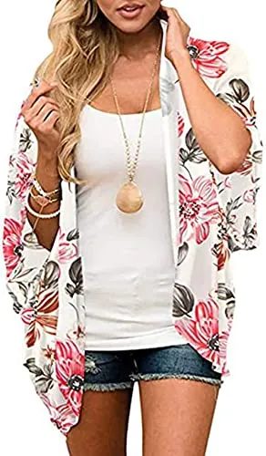 Naivikid Womens Floral Print Loose Puff Sleeve Kimono Cardigan Lace Patchwork Cover Up Blouse Lotus Root Gray 01 L