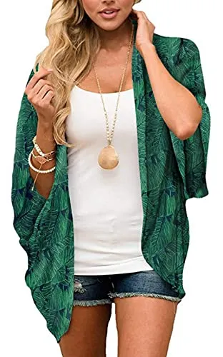 Naivikid Womens Floral Print Loose Puff Sleeve Kimono Cardigan Lace Patchwork Cover Up Blouse Lotus Root Gray 01 L