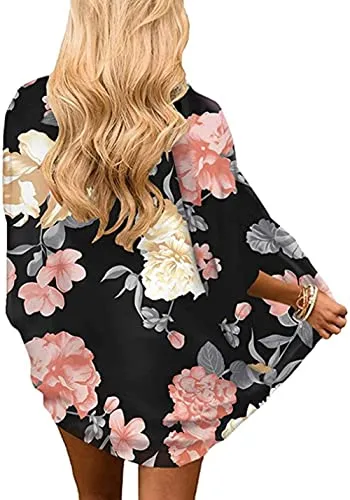 Naivikid Womens Floral Print Loose Puff Sleeve Kimono Cardigan Lace Patchwork Cover Up Blouse Lotus Root Gray 01 L