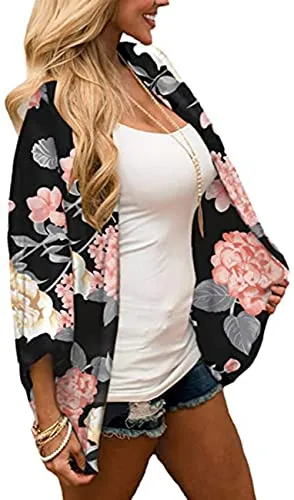 Naivikid Womens Floral Print Loose Puff Sleeve Kimono Cardigan Lace Patchwork Cover Up Blouse Lotus Root Gray 01 L